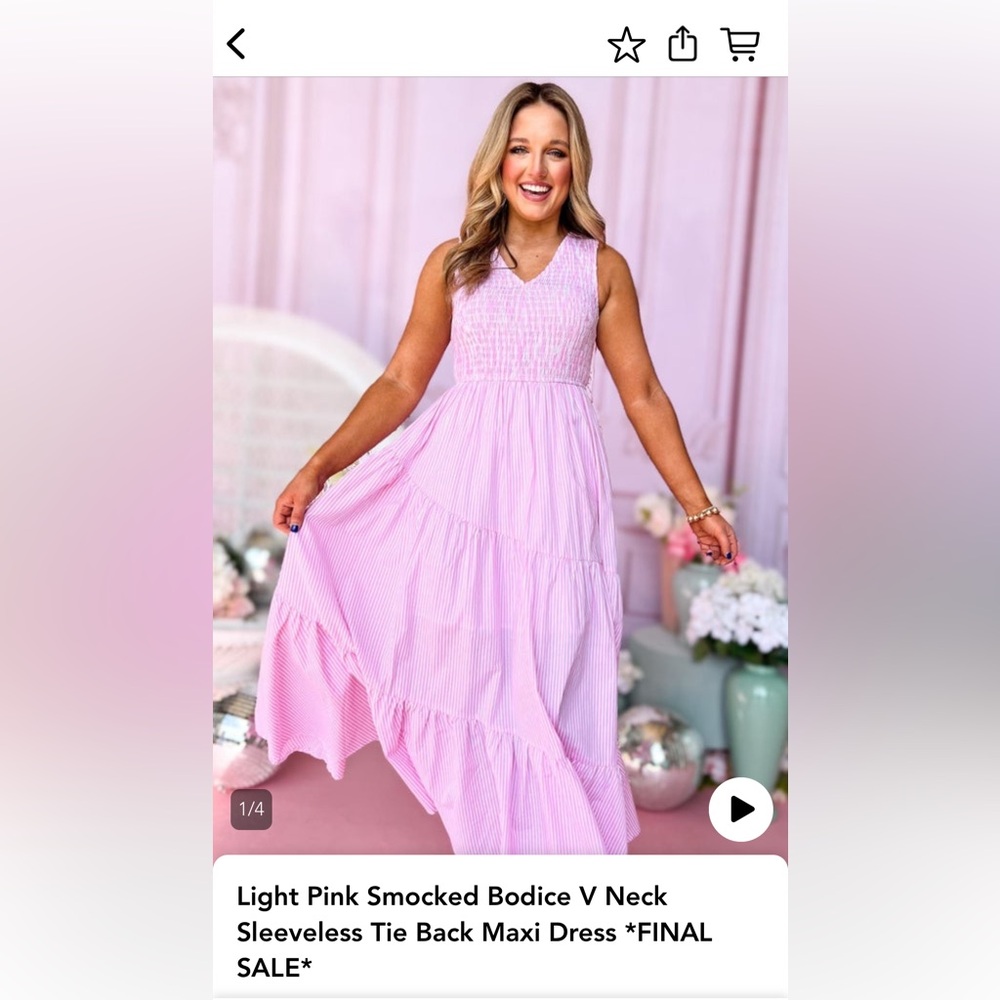SSYS light pink smocked bodice v neck sleeveless tie back maxi dress